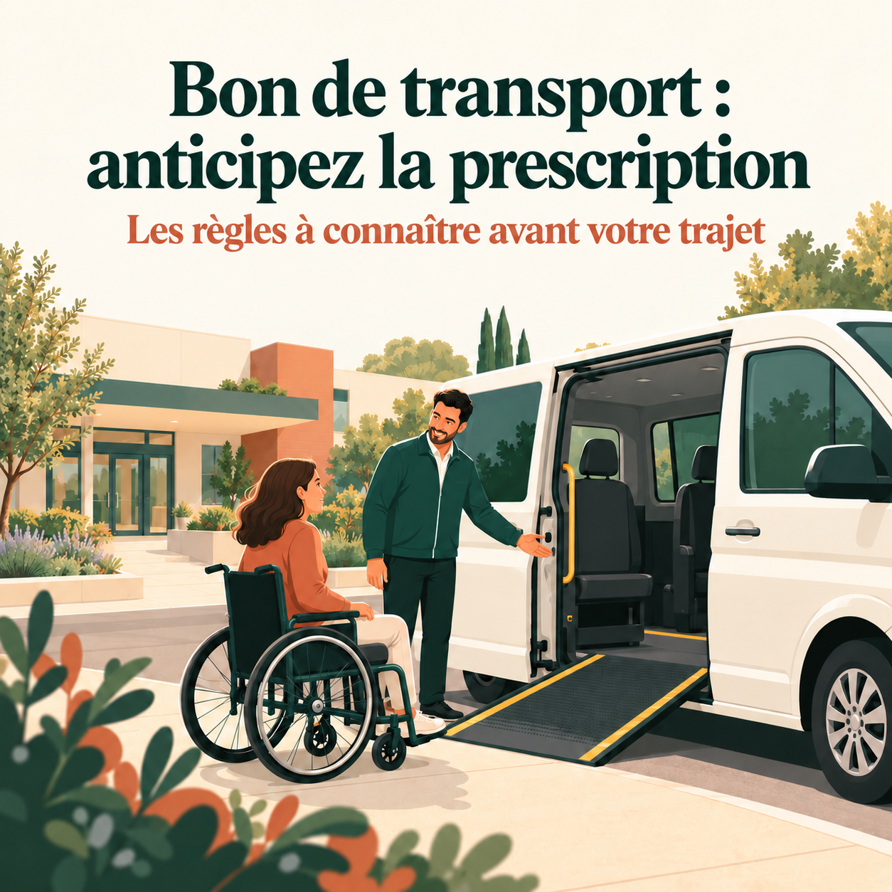 Une personne en fauteuil roulant devant un véhicule de transport adapté, avec le titre Bon de transport : anticipez la prescription